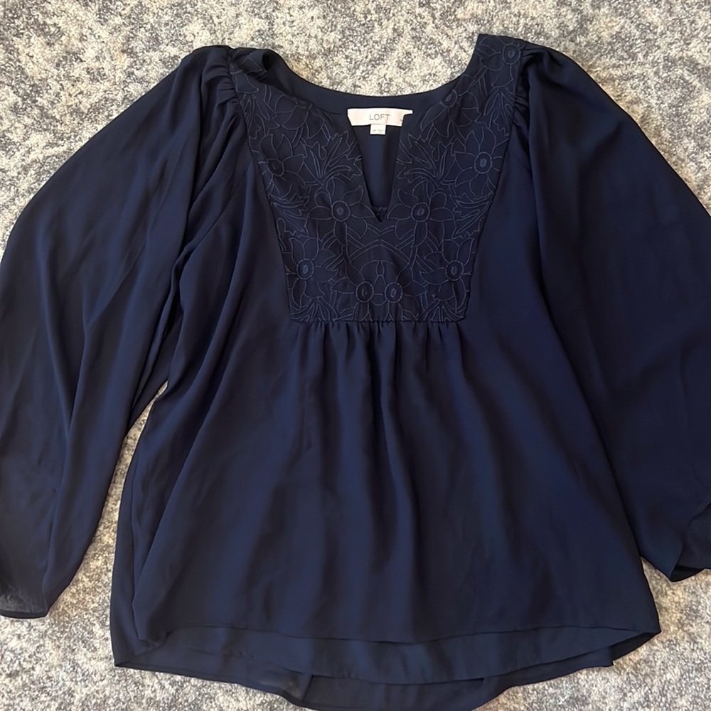 LOFT Navy Floral Detail Blouse